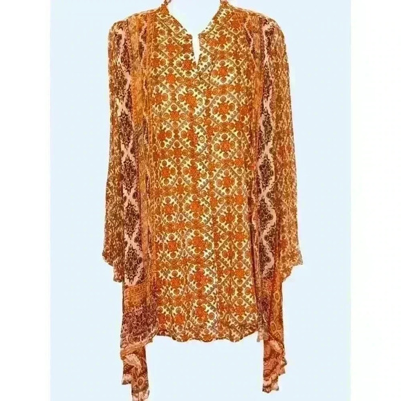 Soft Surroundings Paysan Medallion Boho Tunic Top sz L Roll-Tab Sleeve Orange - Picture 9 of 9